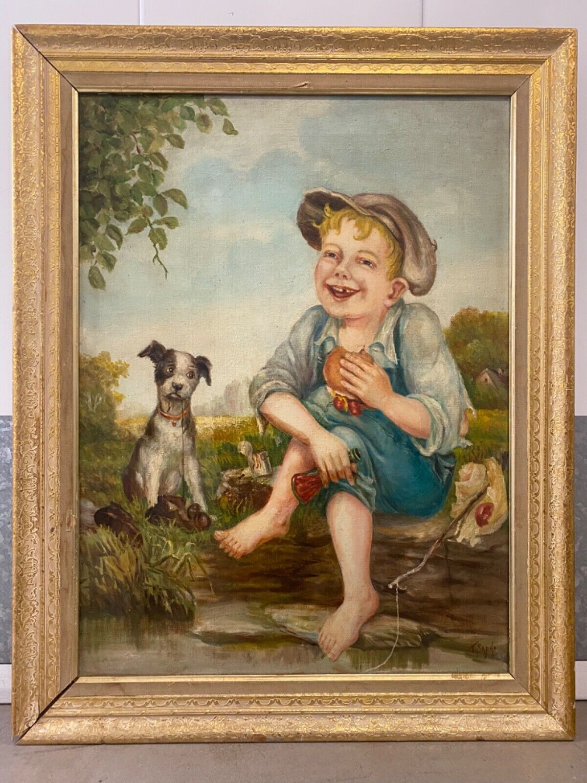 ðŸ”¥ Antique WPA Americana Southern Folk Art Oil Painting, Fishing Boy & Dog 1930s