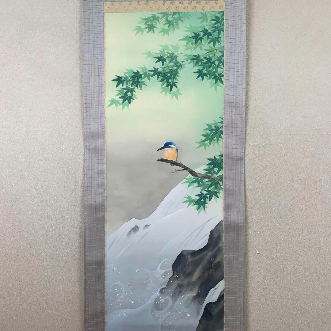 Japanese Hanging Scroll Kingfisher Stream Painting w/Box Asian Antique 123