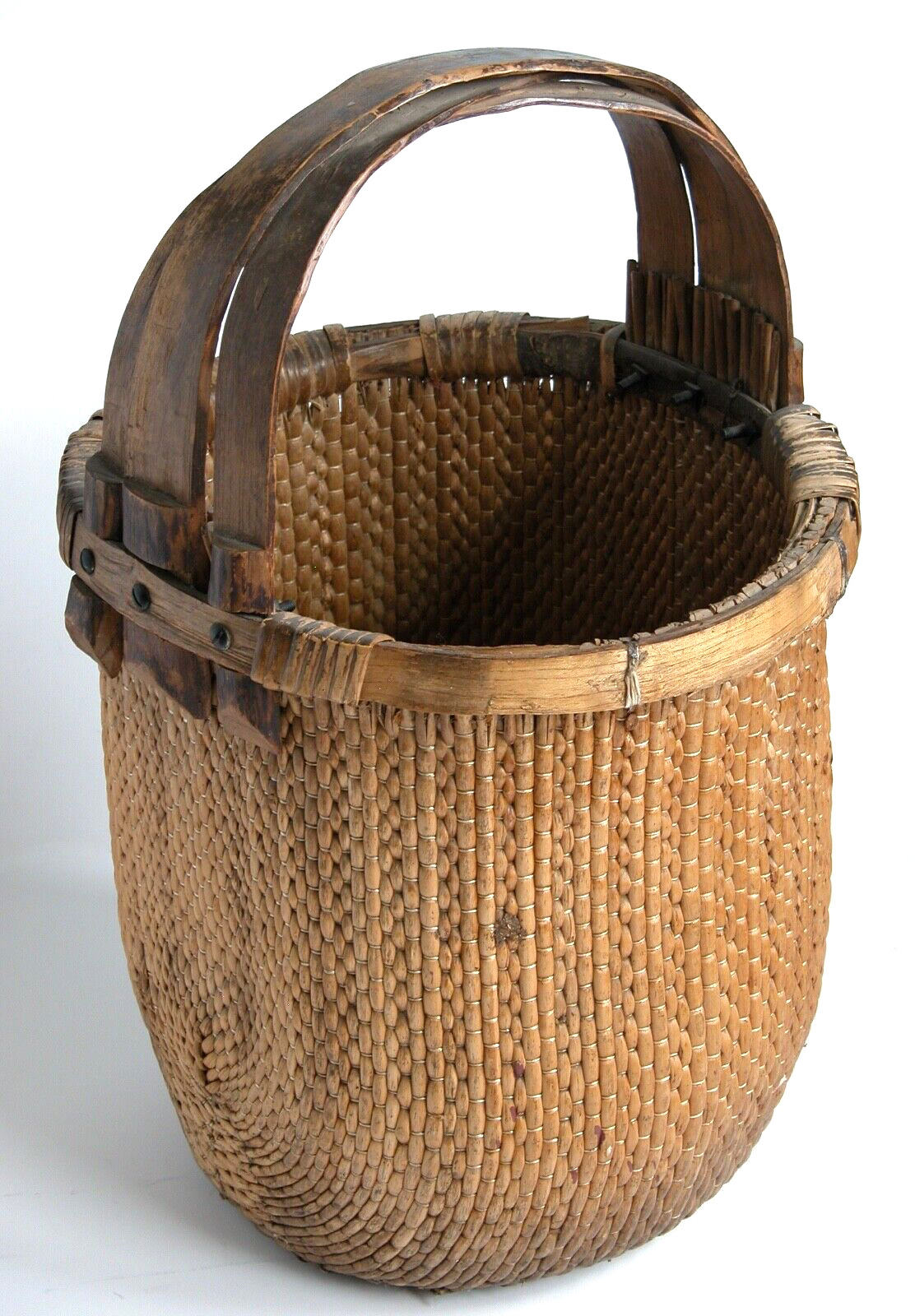 Antique 1900s Chinese Fisherman’s Basket Asian Bent Bamboo Handle Fishing Rice