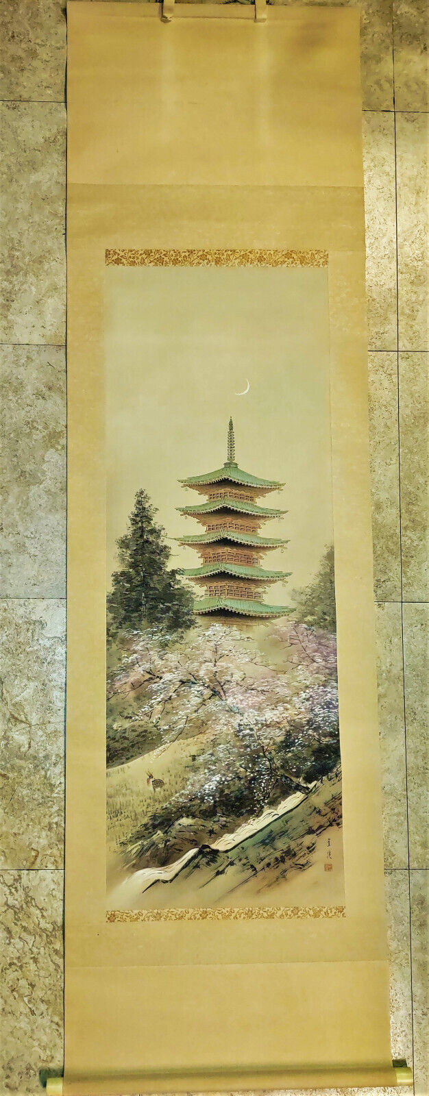 Old Chinese Vertical Scroll Painting Stream, Blooming Cherry Tree, Deer & Pagoda