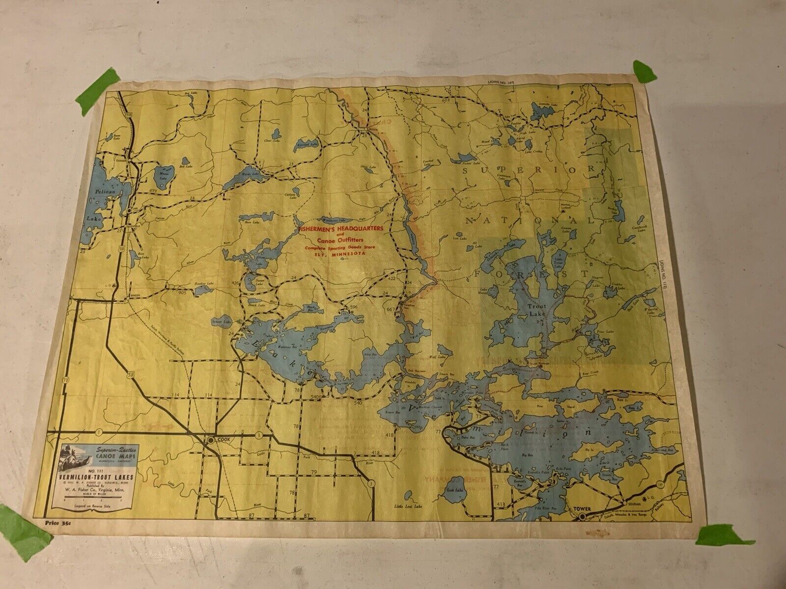VINTAGE CANOE MAP “ Vermilion- Trout Lakes(Ely-Minnesota Map(1952)see Descr