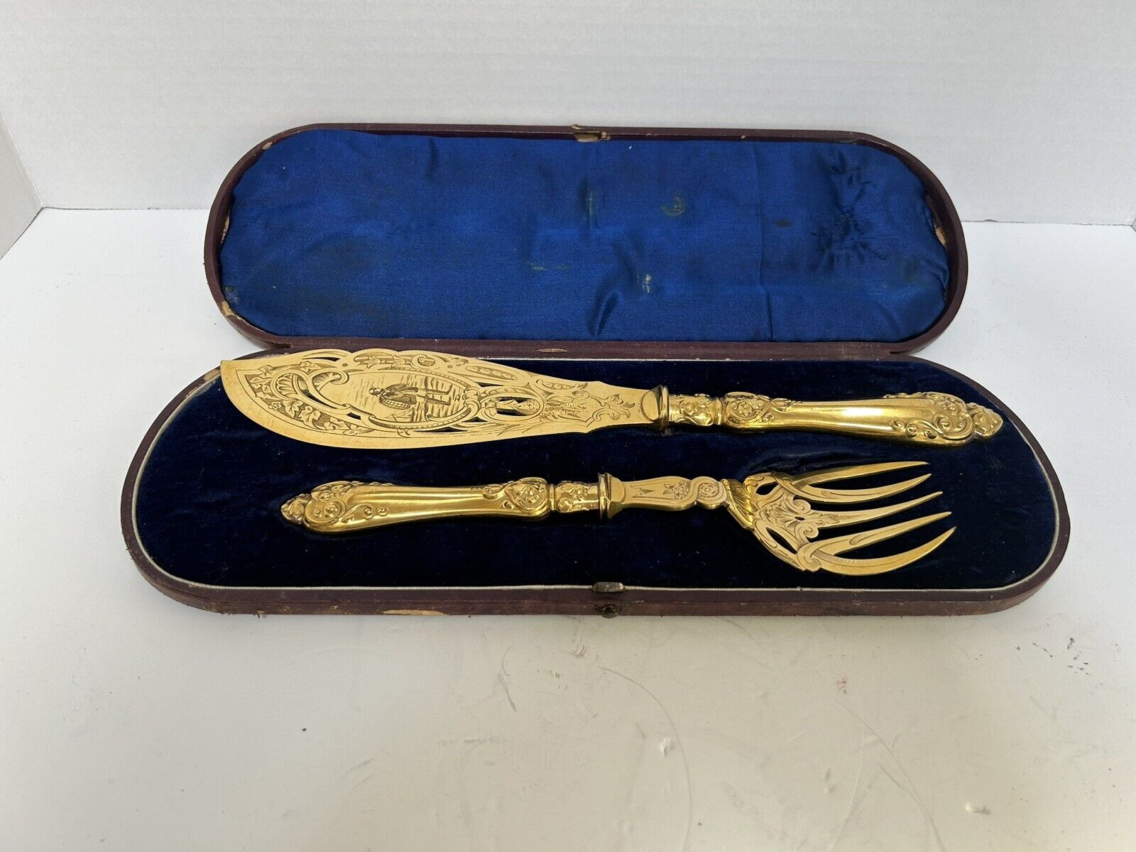 Unusual Silver Plate and Gilt Fish Servers in Velvet Lined Box