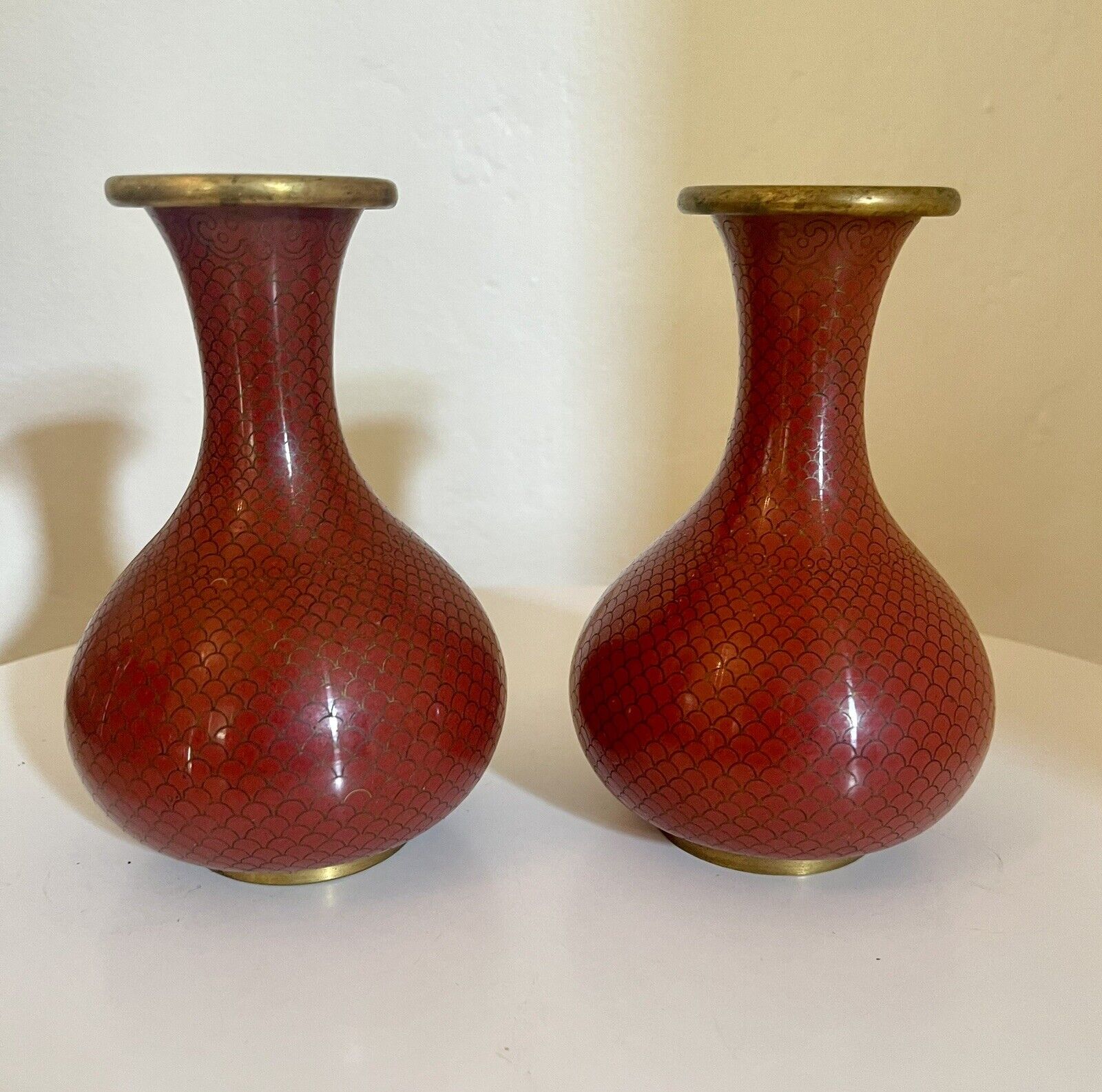 Pair of Chinese Antique Cloisonné Fish Scale Vases Rust Red