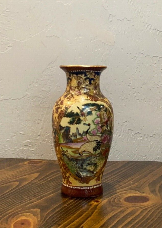 Antique Japanese Satsuma Moriage Vase with Cranes by a Flowing Water Stream