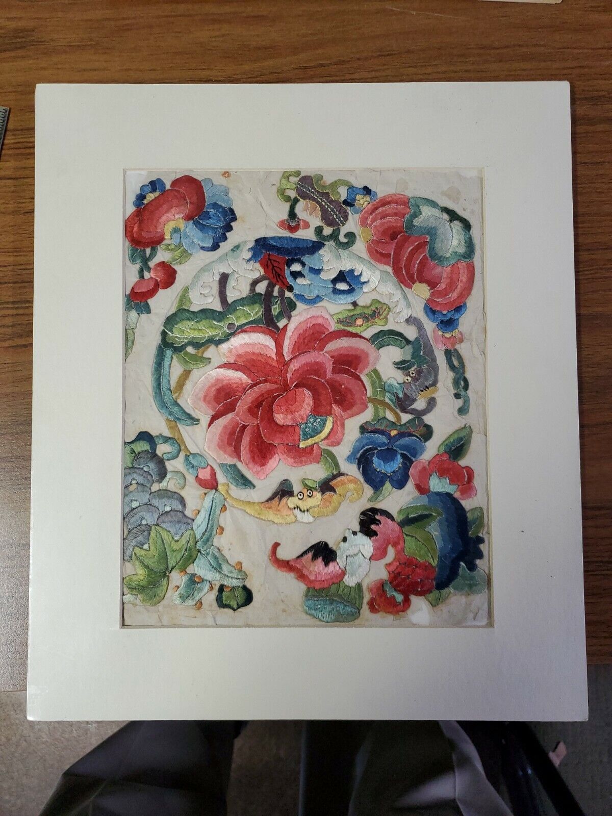Antique Chinese Silk Embroidery Fragment Flowers, Fish