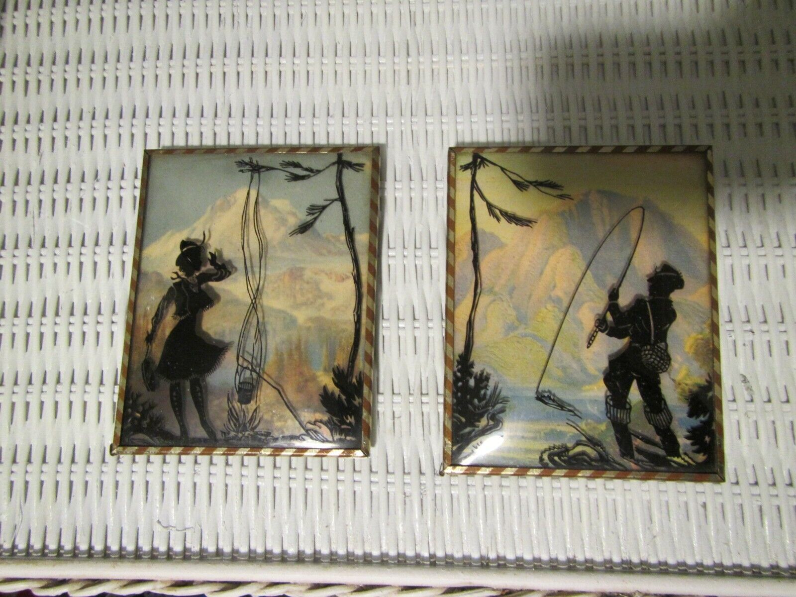 Vintage Silhouette Convex Glass Pictures Reverse glass paintings Camping Fishing