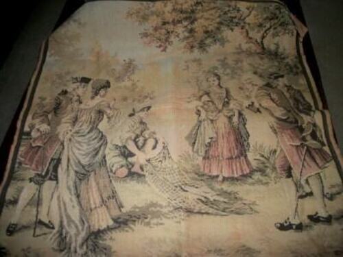 ANTIQUE FRENCH FISHING SCENE TAPESTRY COLONIAL COUPLES THE CATCH LARGE CHATEAU