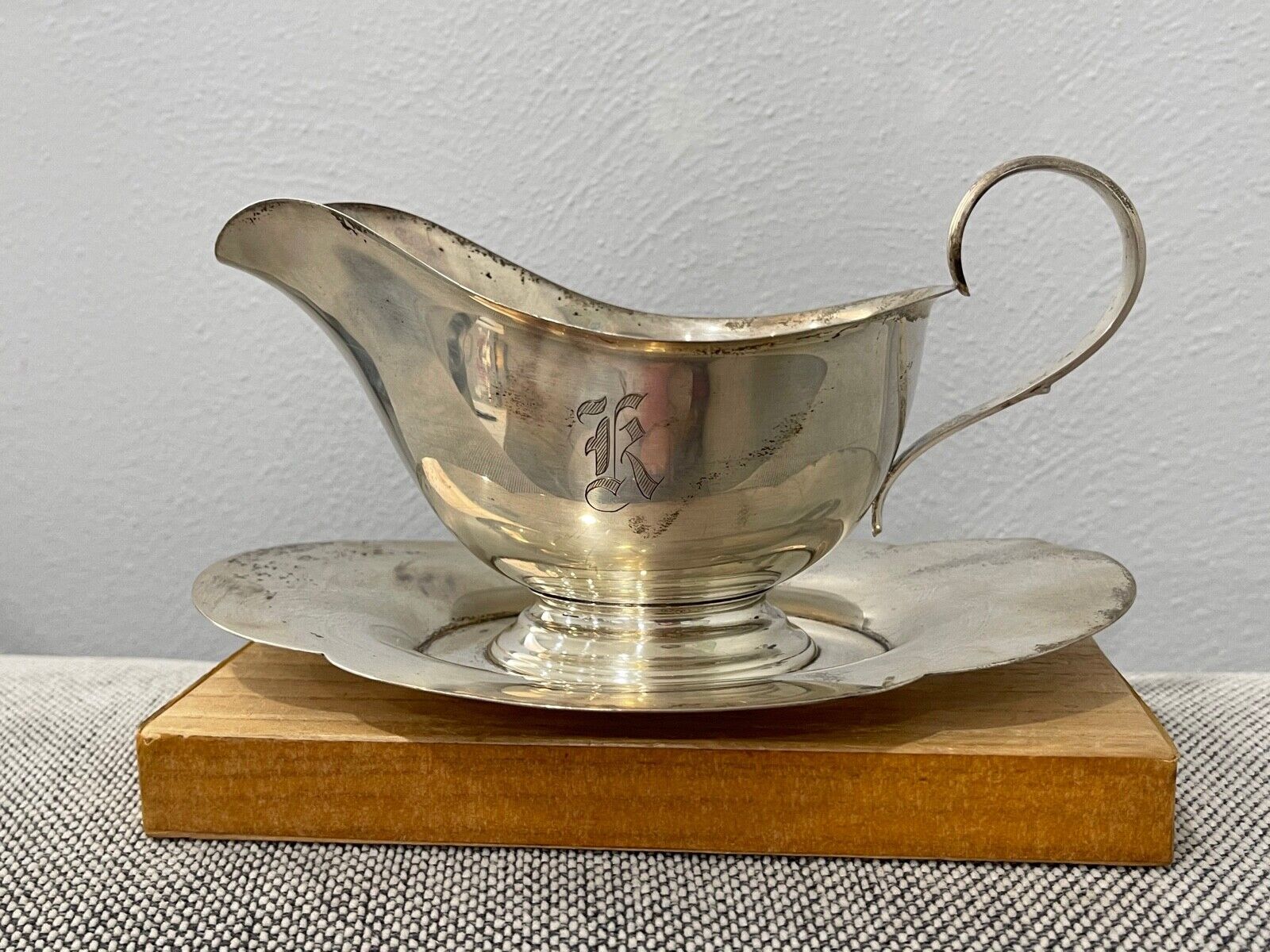 Vintage 1950's Gorham Sterling Silver Gravy Sauce Boat w/ Attached Underplate