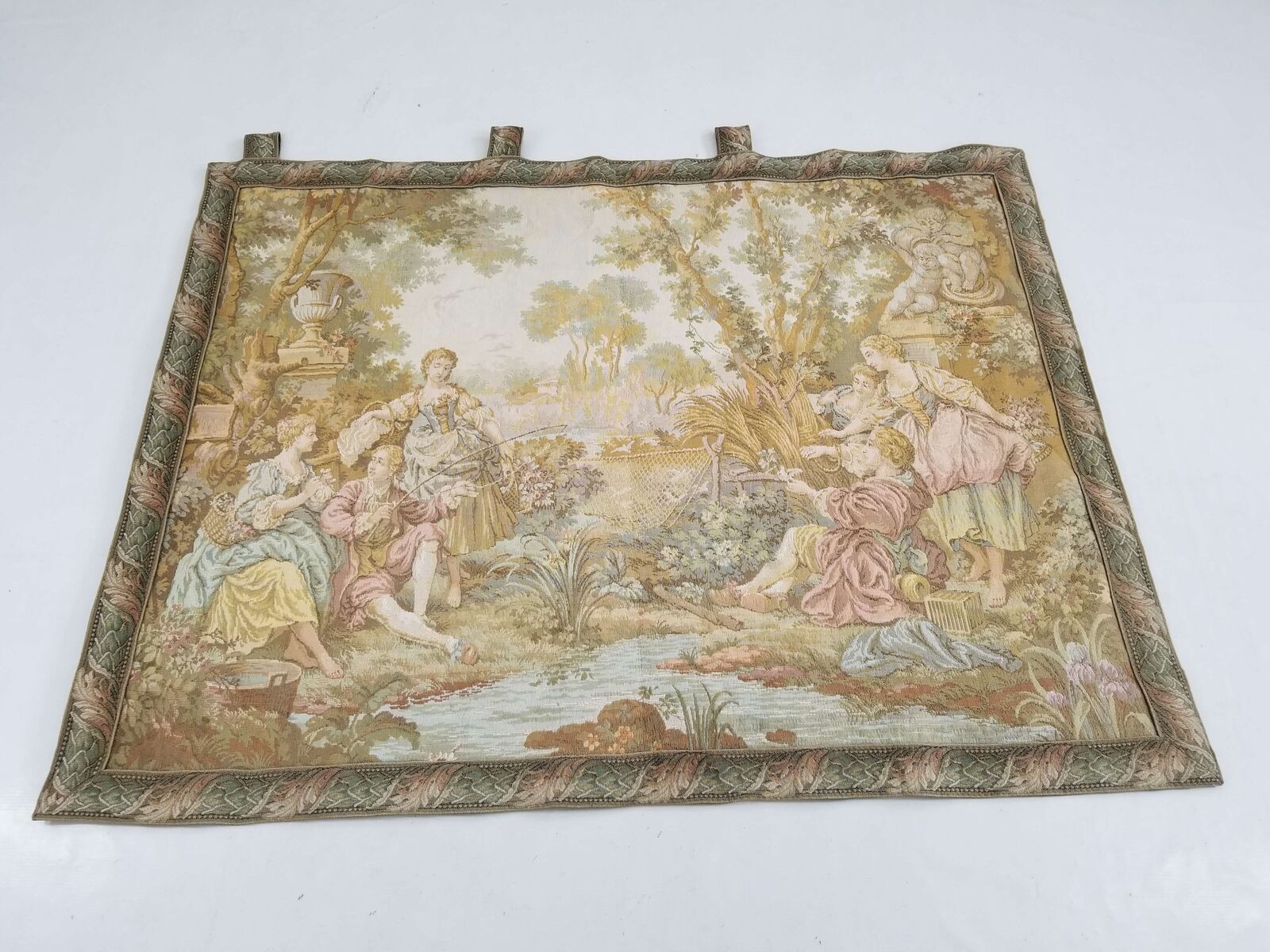 Vintage French Fishing Scene Wall Hanging Tapestry 138x109cm