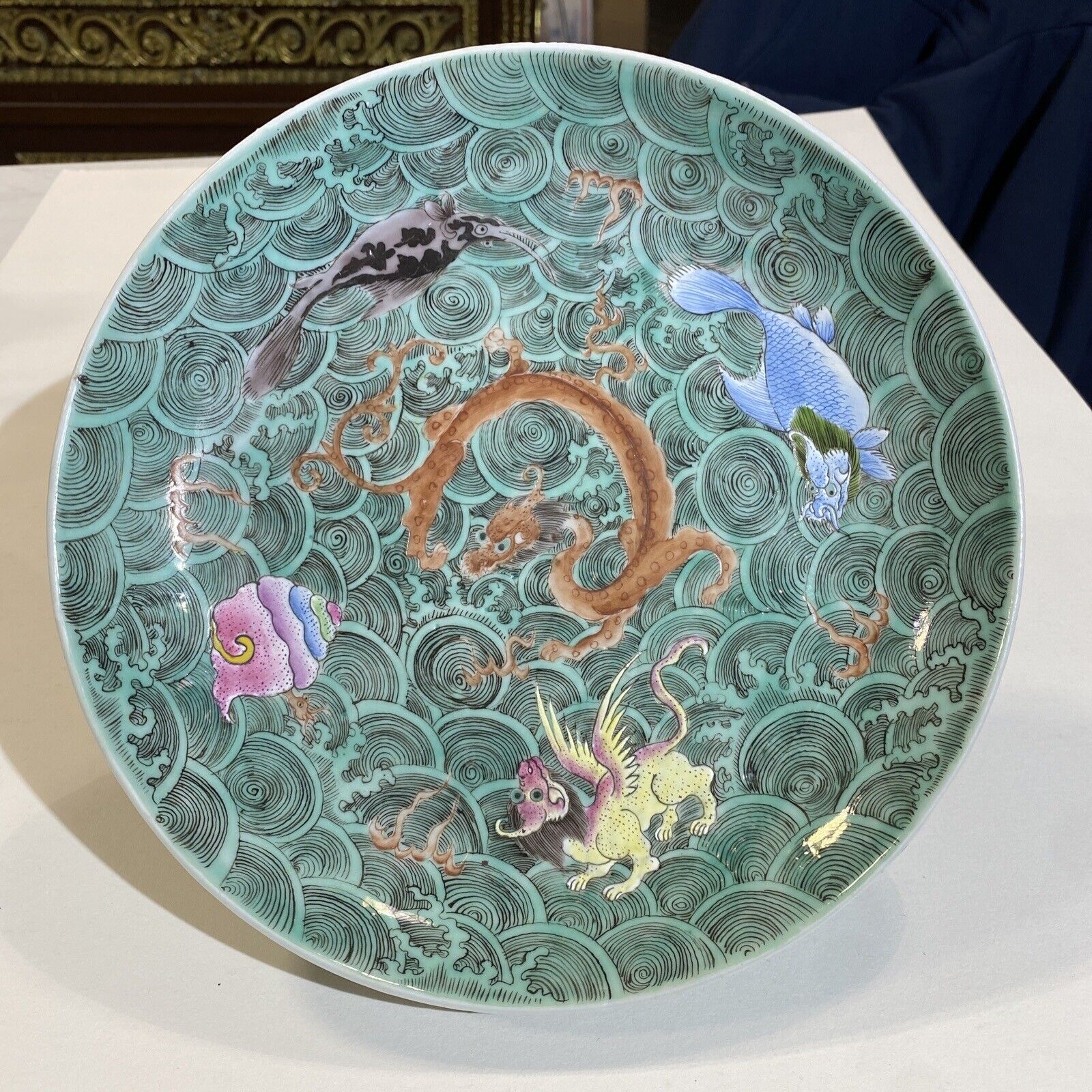 Chinese Green Glazed Porcelain With Red Dragon Beasts And Fish With Red Mark