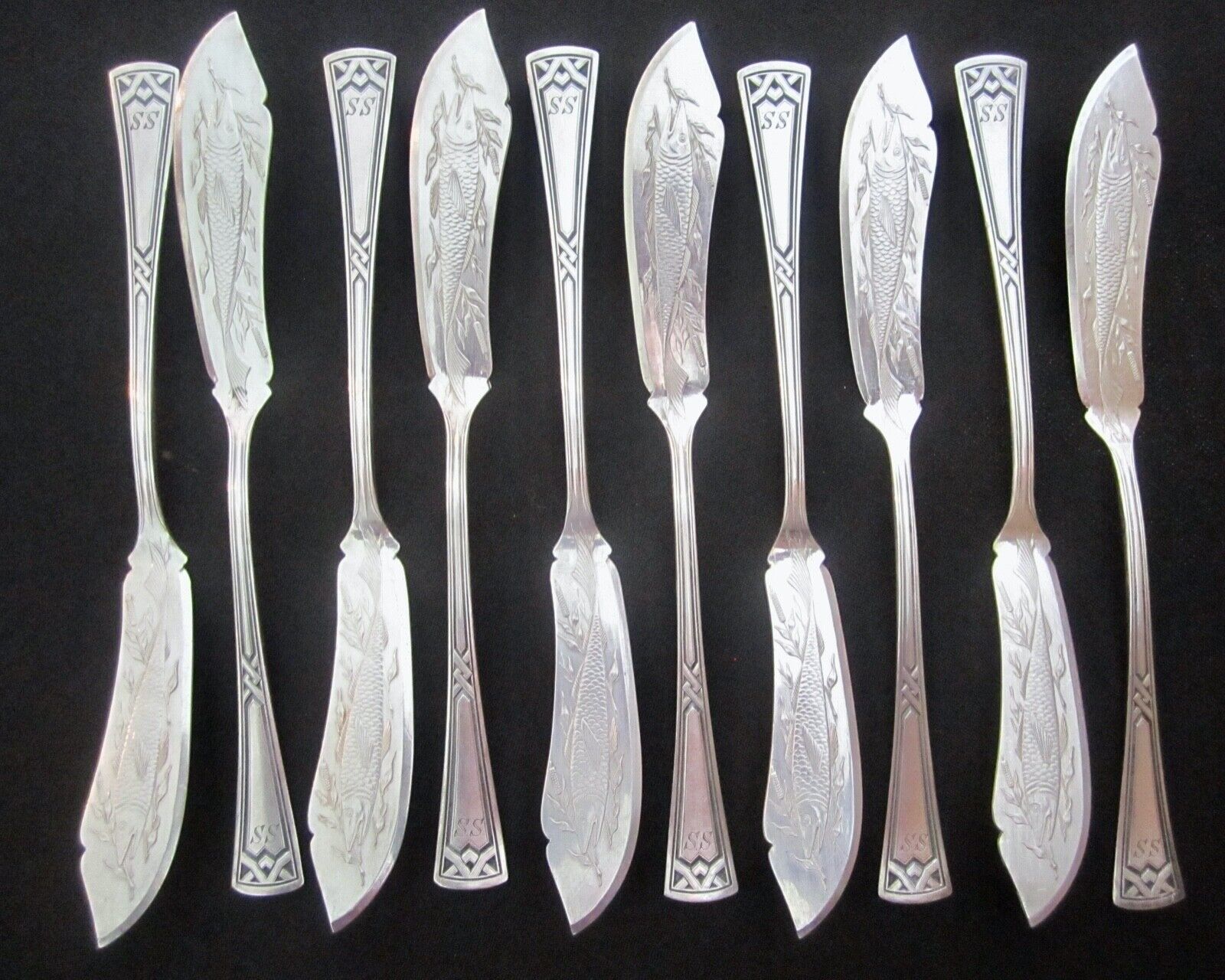 Lot 10 silver-plate fish trout knives etched designed silver-plated antique