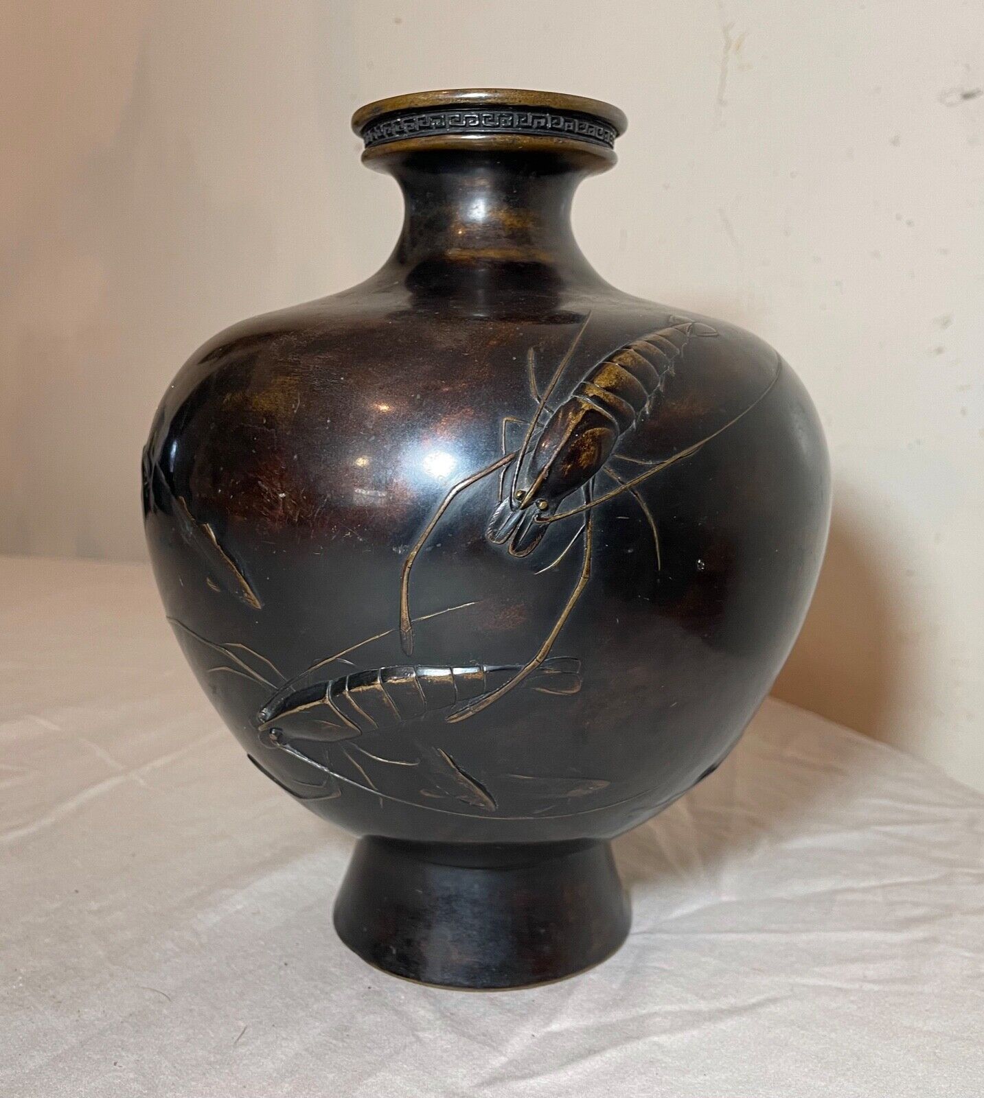 antique 19th century Japanese coy crustacean craw fish signed bronze Meiji vase
