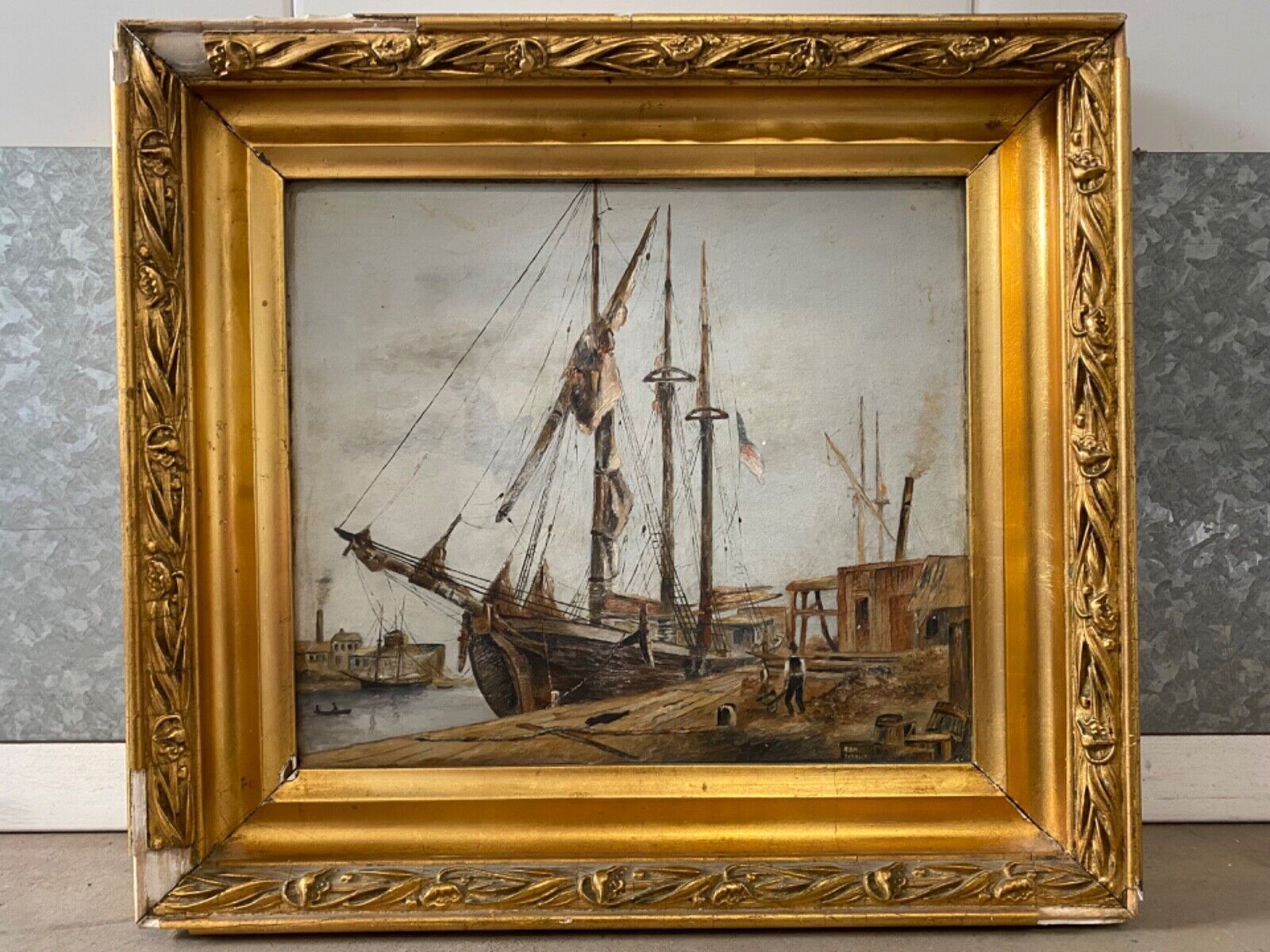 ðŸ”¥ Antique Old 19th c Detroit River Nautical Ship American Folk Art Oil Painting