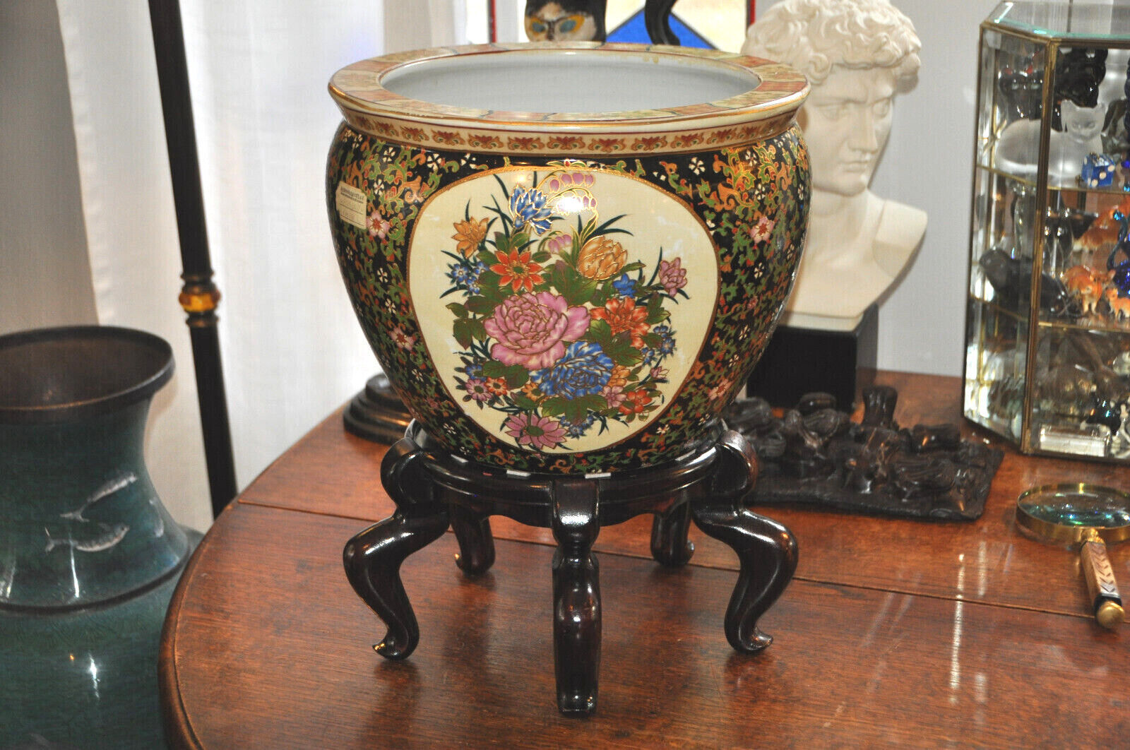 Large Koi Fish Bowl Mid Century Chinese Hand Painted Gilt Porcelain Jardiniere