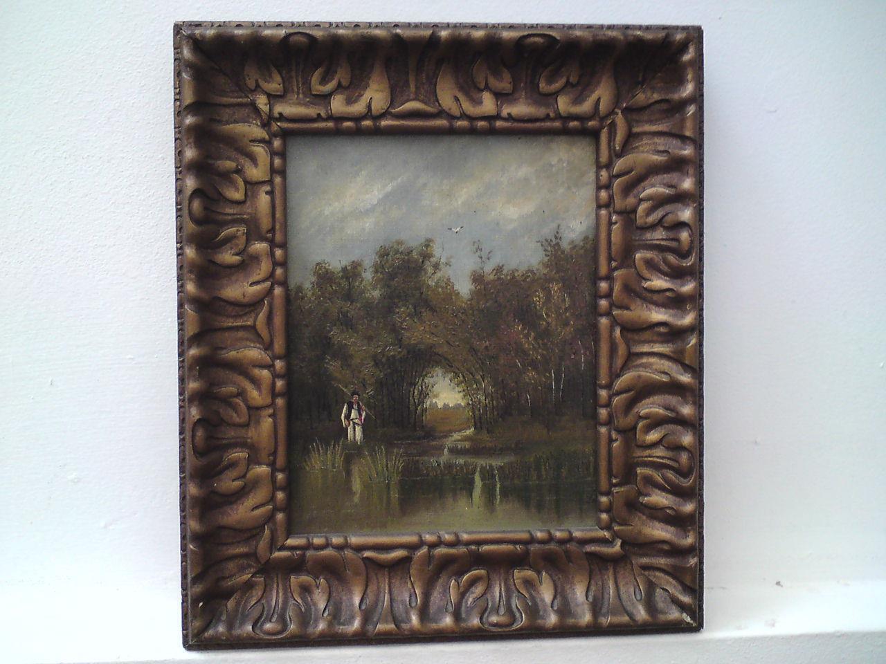Antique oil painting -rustic landscape: lake -stream - tree canopy - wading man