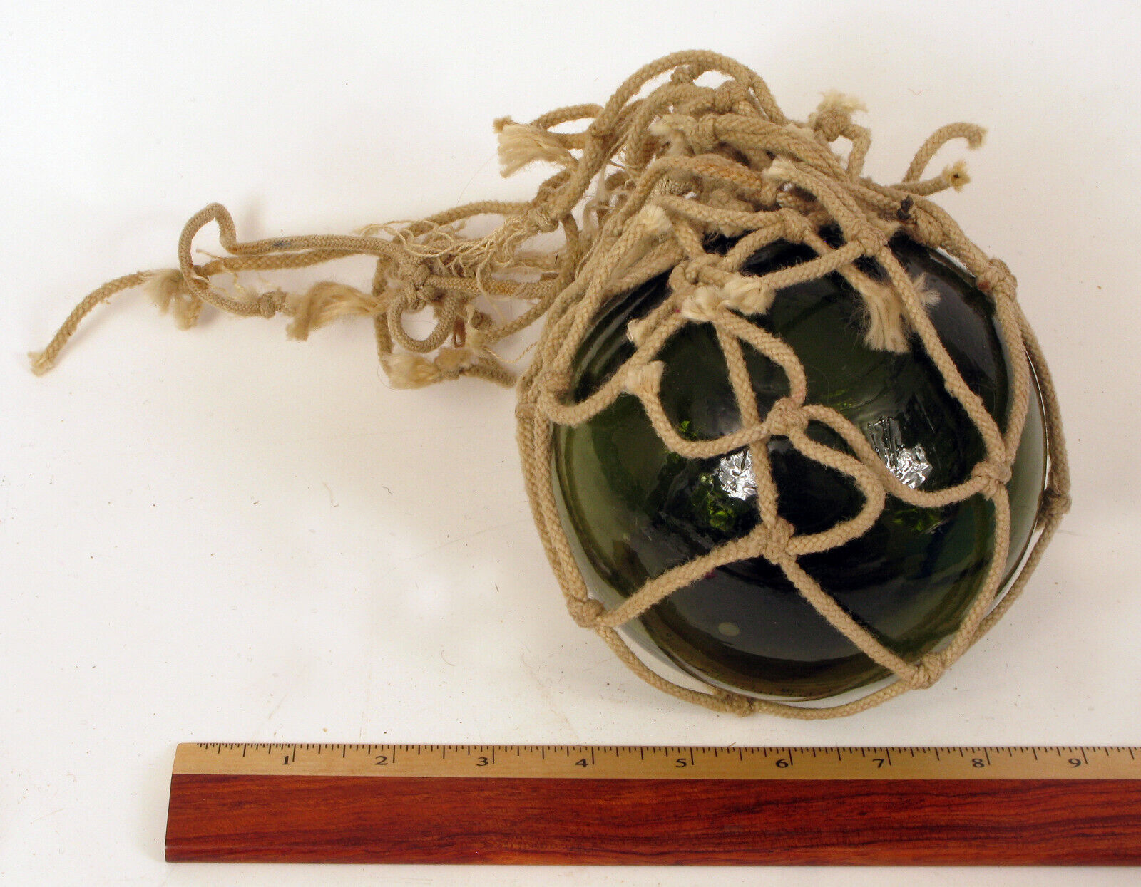 BEAUTIFUL VINTAGE GREEN GLASS ROPE NET HAND BLOWN BUOY FISHING FLOAT BOATING  