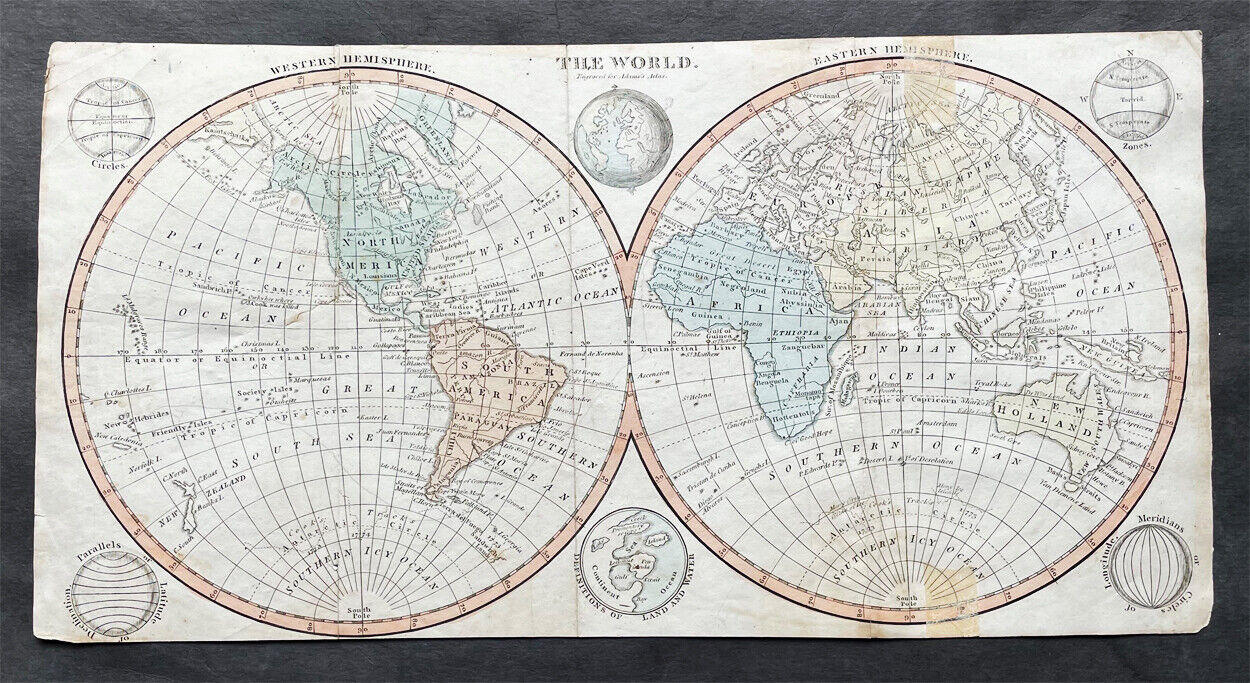 1814 Daniel Adams Antique Twin Hemisphere World Map - Bass's Straits