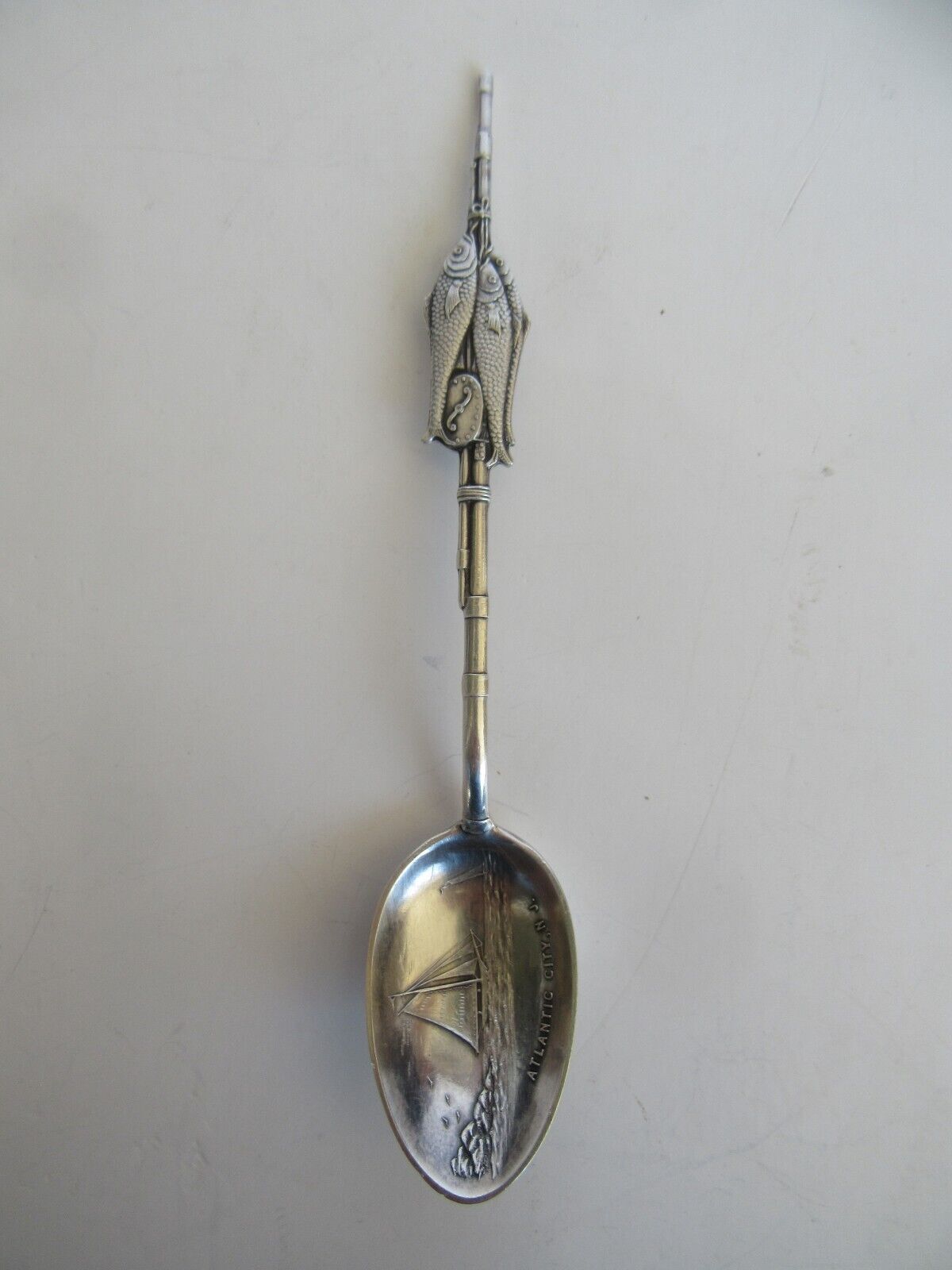 Antique Sterling Silver Fish & Fishing Pole Souvenir Spoon, Atlantic City, NJ