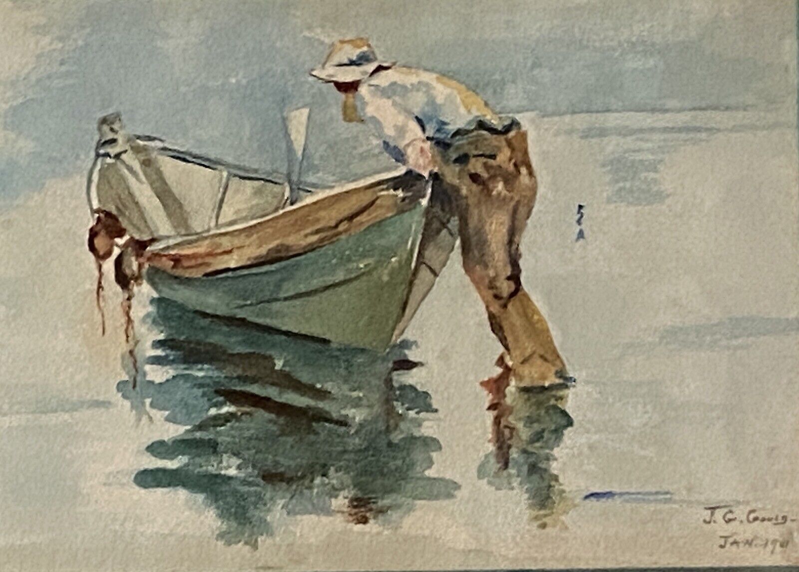 J.G. Gould, 1901 Antique Impressionist Watercolor Painting, Man Launching Boat