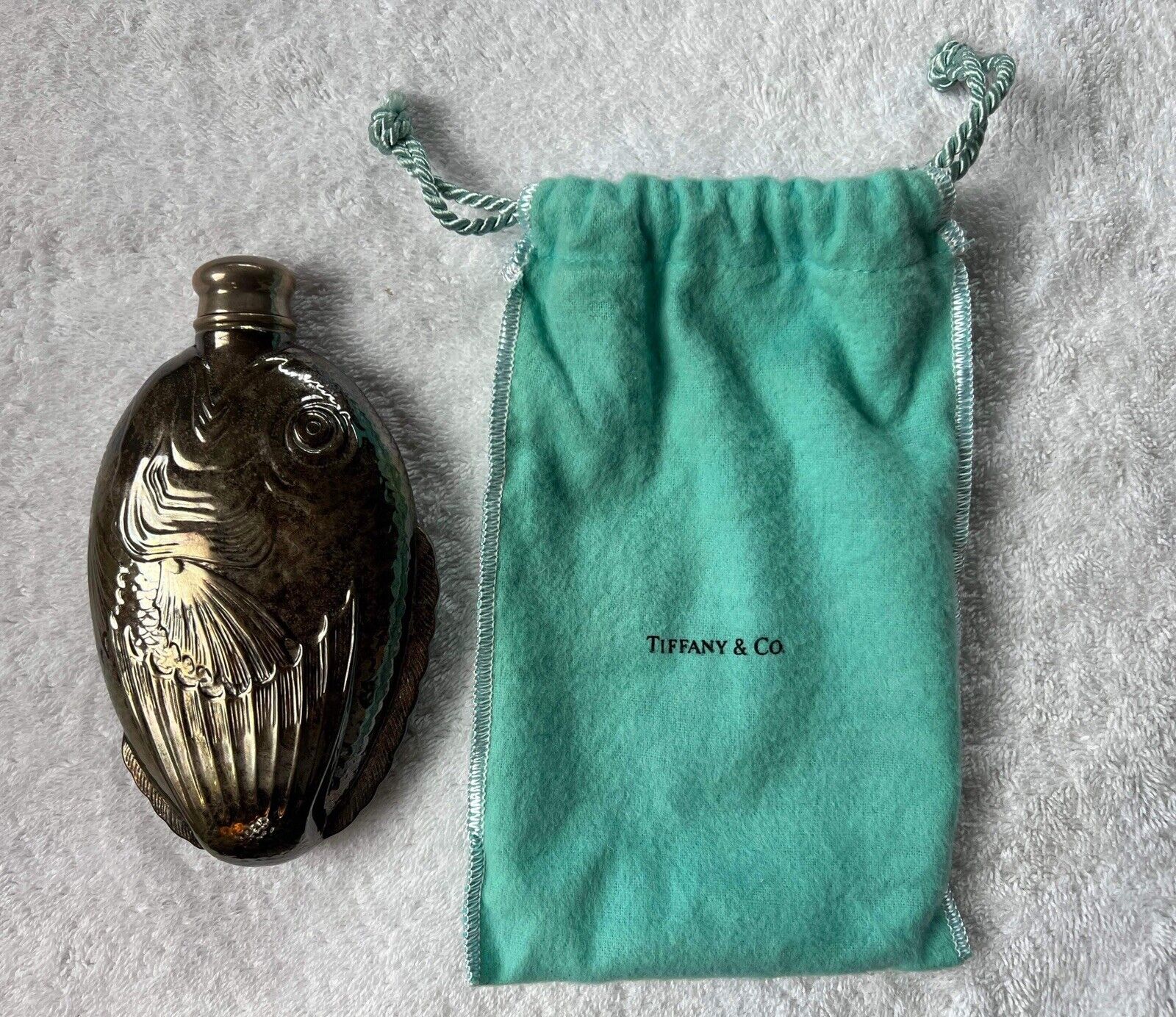 Tiffany & Company Vintage Large Sterling Silver Fish Flask With Blue Bag