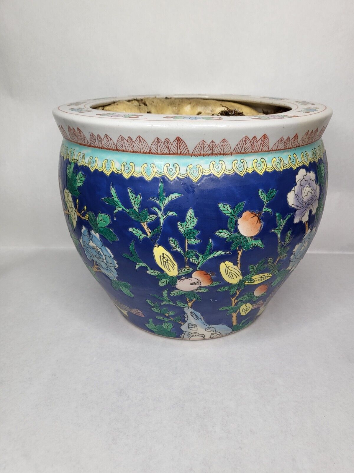 Vintage Chinese Koi Fish Porcelain Jardiniere Blue with Floral Fish Bowl