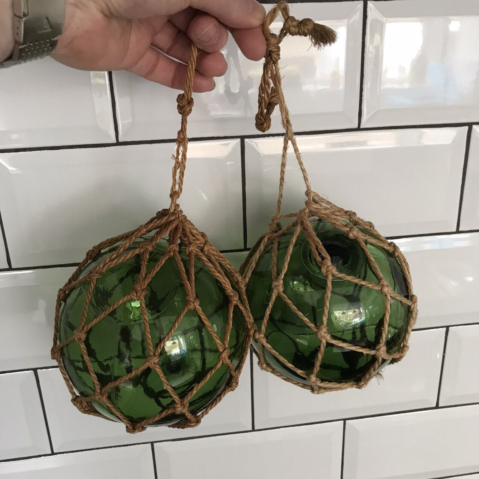 Pair Vintage Fishing Buoy Float Green Glass With Netting Ropes 5”