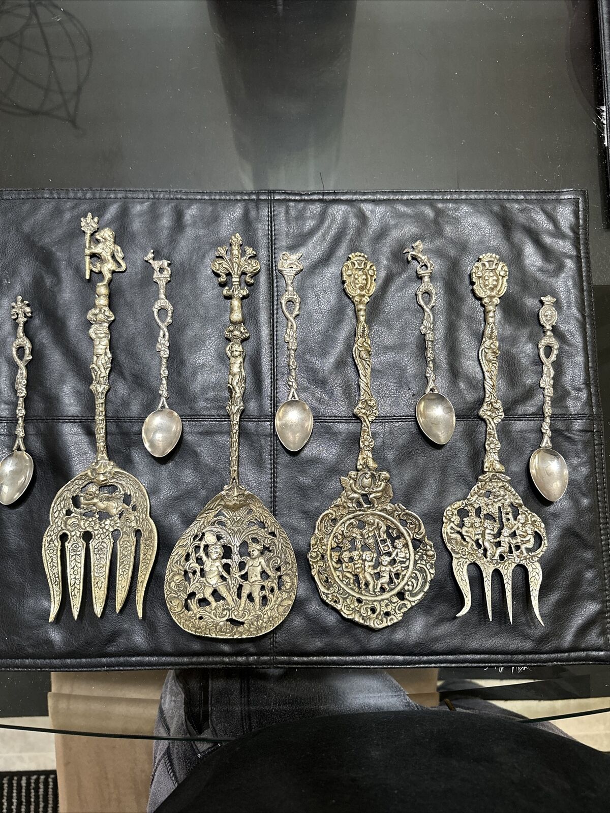 Large & Small Medieval Spoons Fork Italy LOT Silver Boat Angel Cupid Dutch