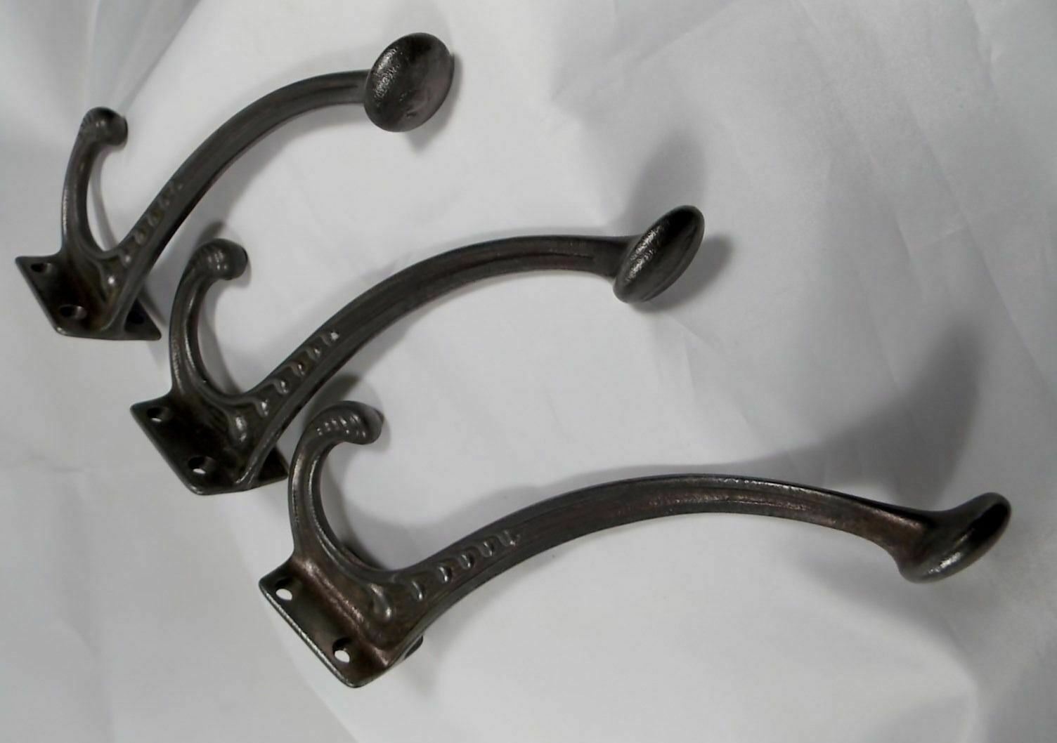 Rare Vintage Cast Iron  set 3 Hooks Art Nouveau from period Double Coat Hook