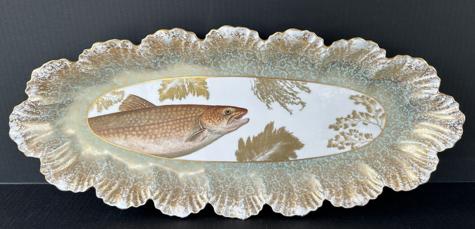 A Lanternier Limoges Fish Platter  24” Hand Painted Heavy Gold Gilt c1900 France