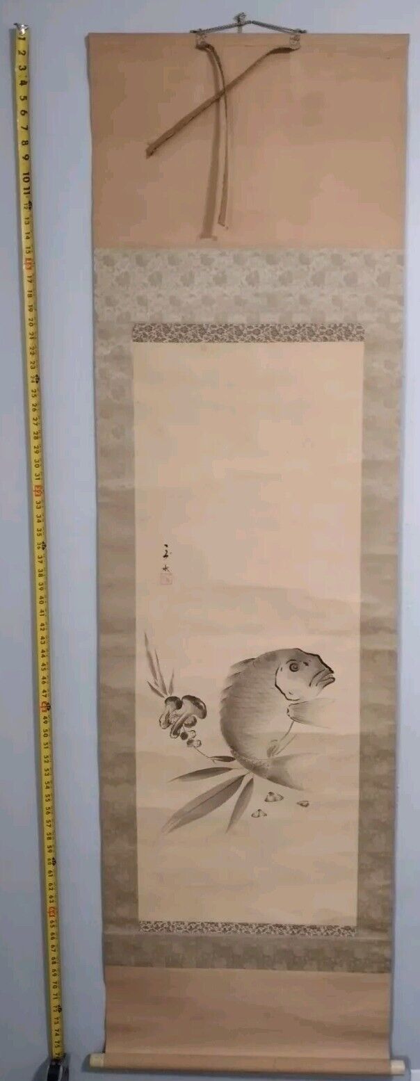 antique fish mushrooms scroll from Japan d14