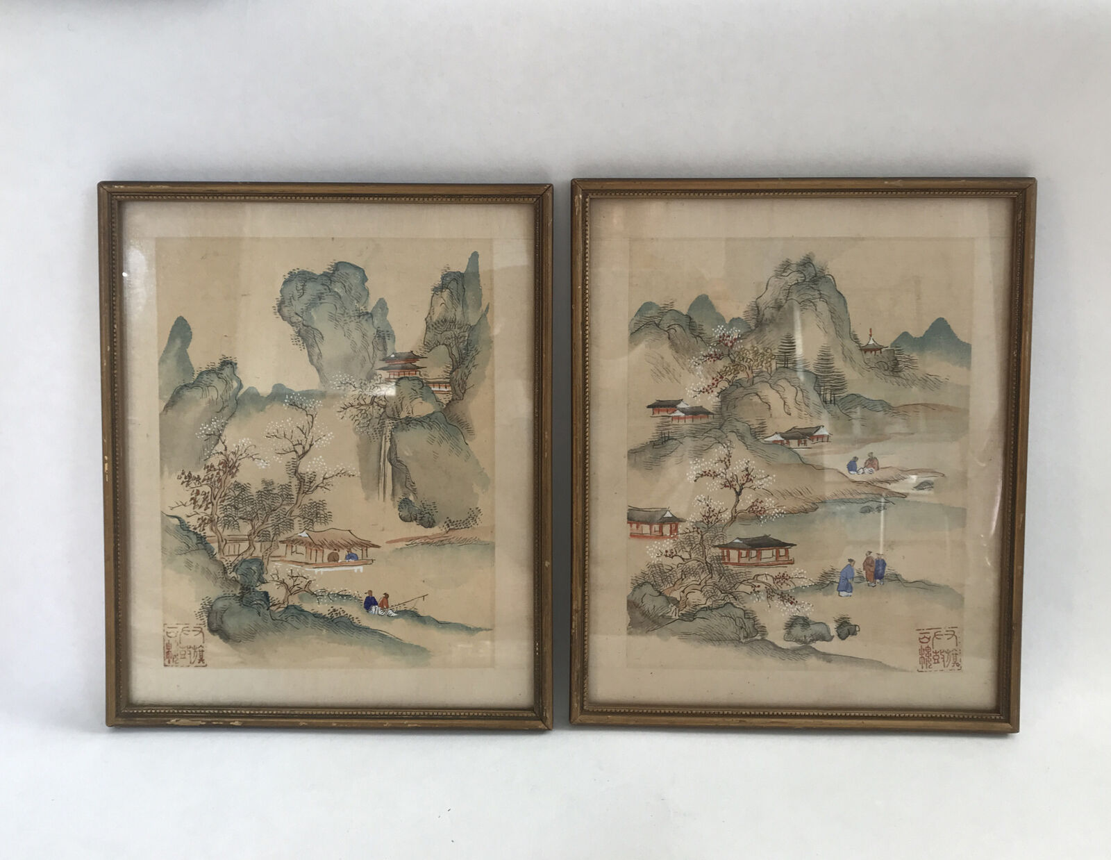 Vintage Antique Chinese Watercolour Painting On Silk Houses Fishing Seal Mark