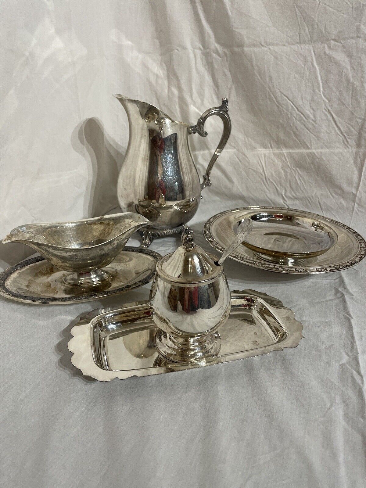 Vtg 8Pc Rogers/Oneida Silver Plate Water Pitcher,Gravy Boat,Sugar Dish,Plate Set