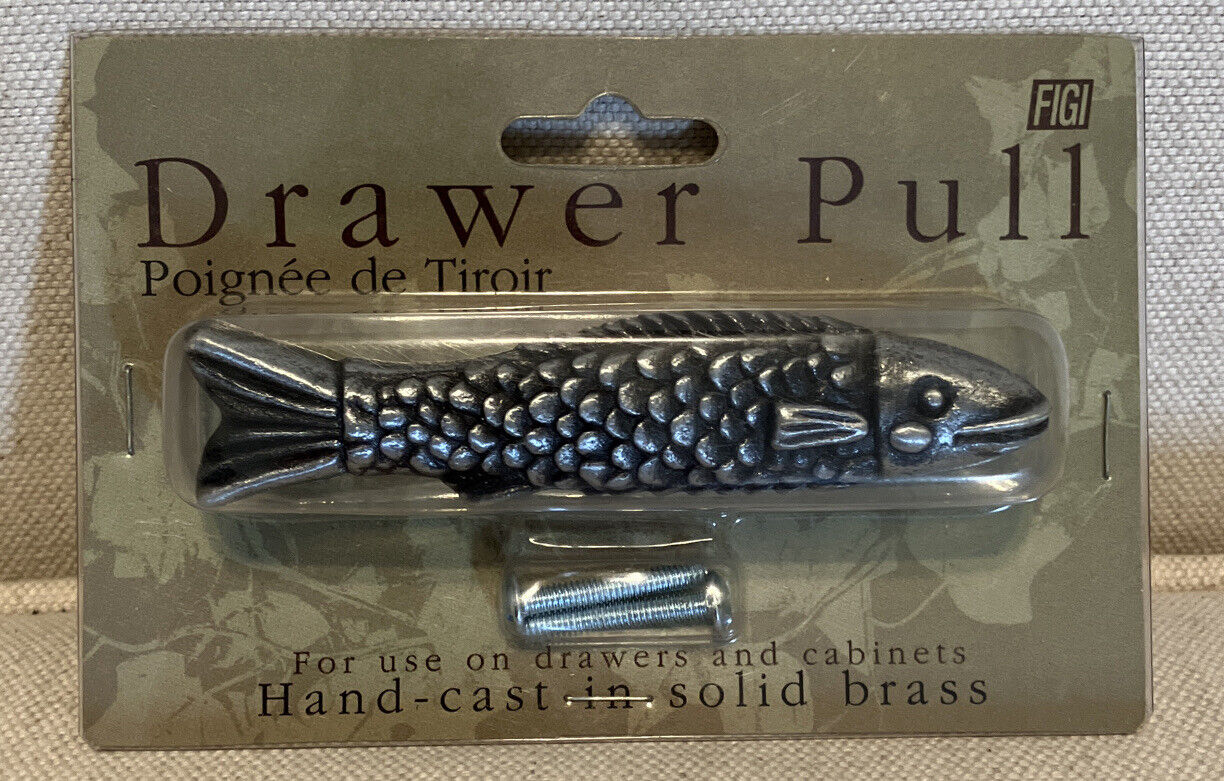 Solid Brass Figi Fish Drawer Door Pull Hand-Cast Brand New In Package Silver