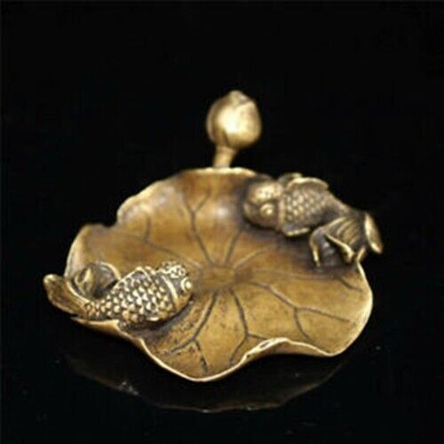 Collect Old Chinese Incense Holder pure copper Hand-made Lotus leaf Fish Stick