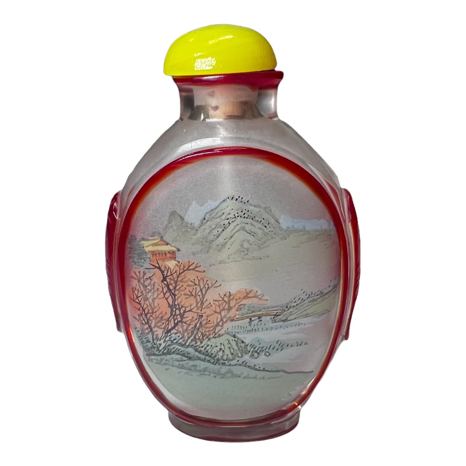 Hand Painted Chinese Snuff Bottle Glass Oriental Asian Man Fishing Mountains 