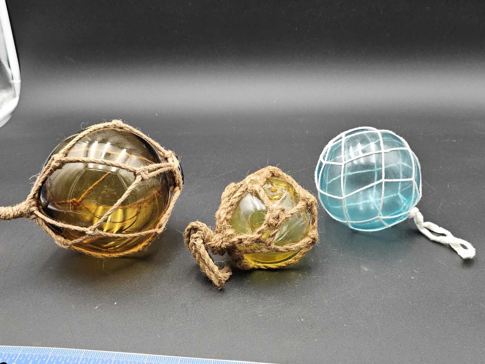 Lot of 3 Decorative Glass Fishing Float Buoy Balls Aqua, Yellow & Amber W/ Nets