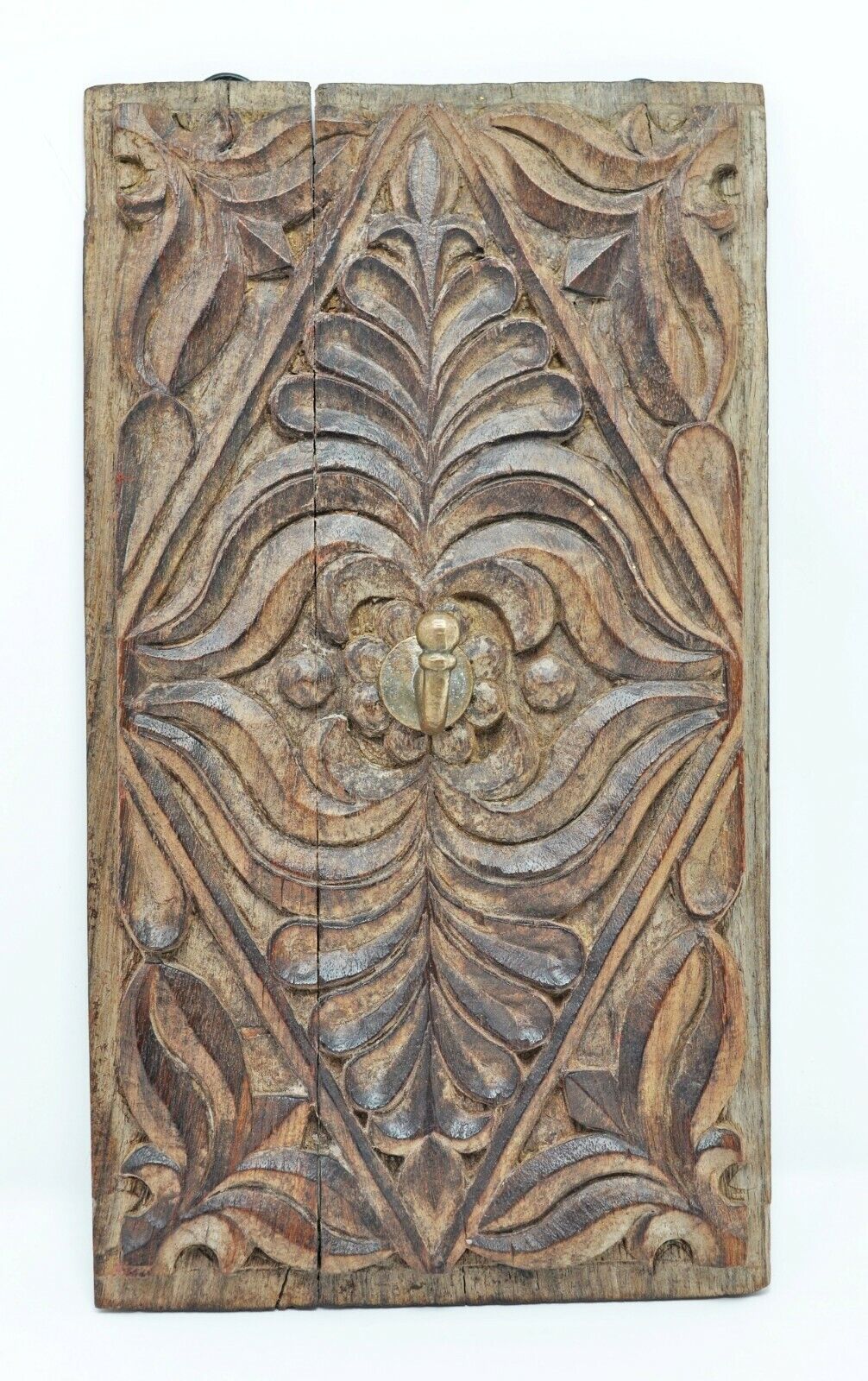 Original Old Antique Fine Hand Carved Wooden Panel With Brass Hook Hanger