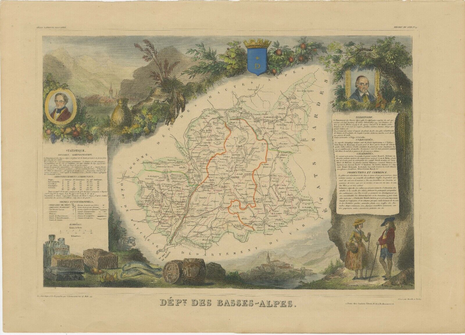 Hand Colored Antique Map of the Department of Basses-Alpes, France