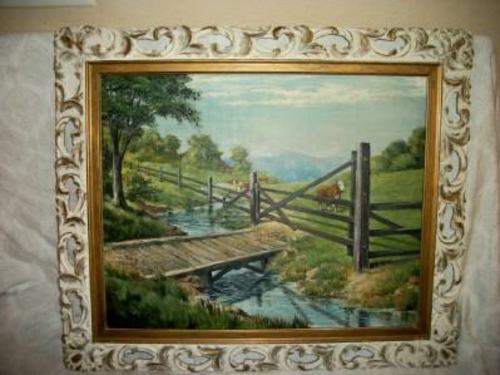 1900s PASTORAL OIL PAINTING FOLK ART NAIVE COWS STREAM ORNATE  FRAME VICTORIAN