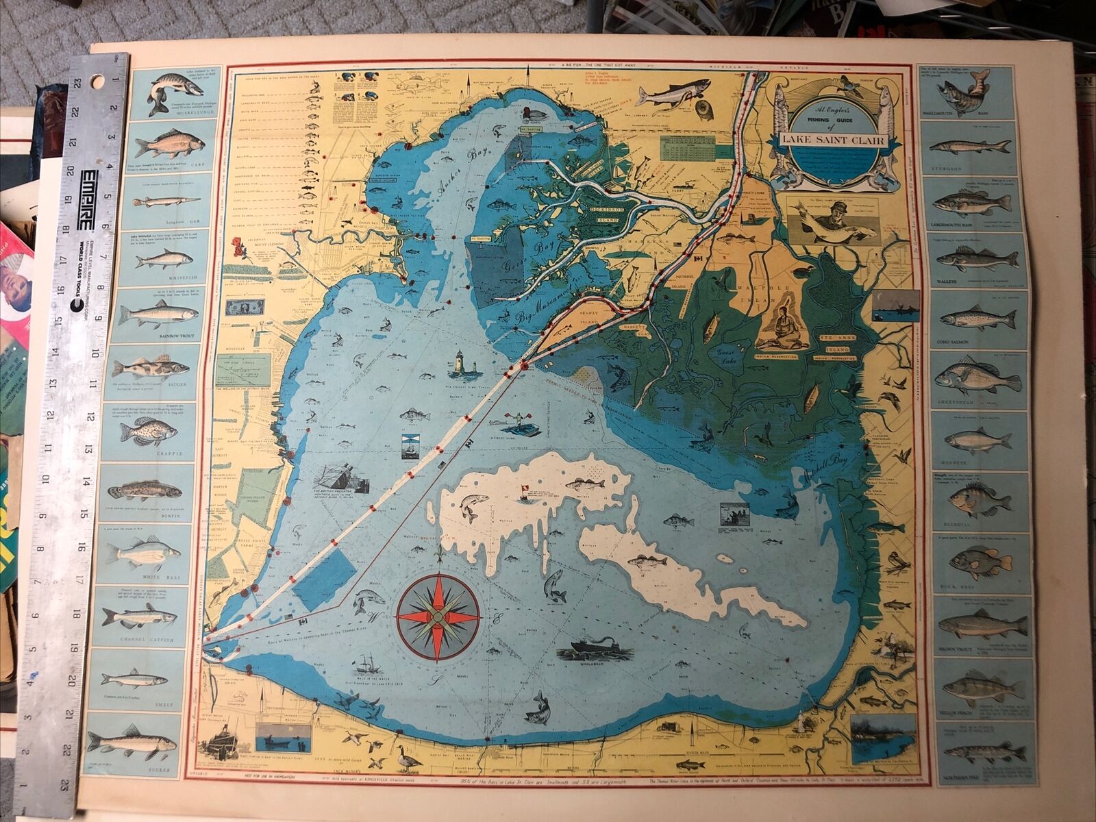 RARE VTG 1960’s ALVIN J ENGLER “FISHING MAP OF LAKE SAINT CLAIR”. -GORGEOUS