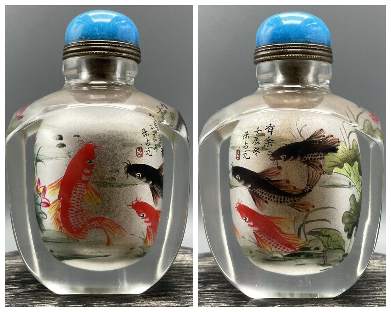 China Old Beijing Glaze Inside Painted Carp Fish Beautiful Snuff Bottle Folk Art