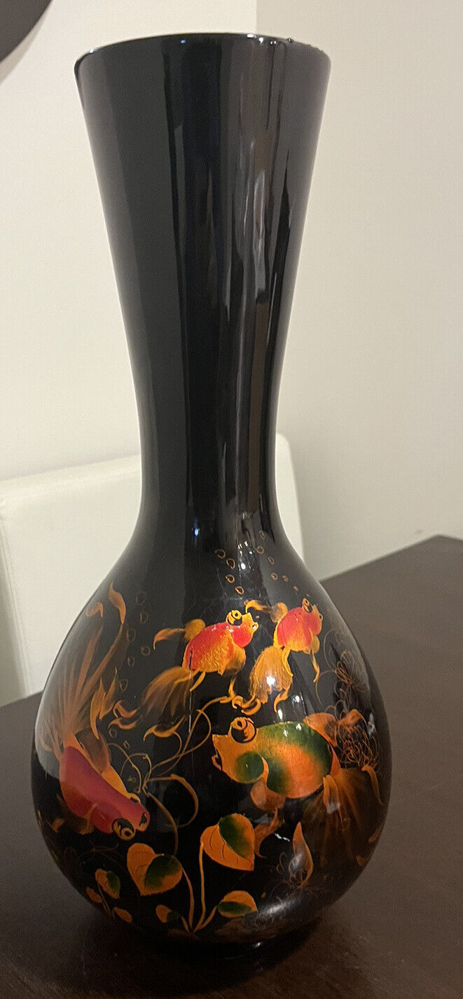 Vintage Mid Century Koi Fish Black Lacquer Vase 15”