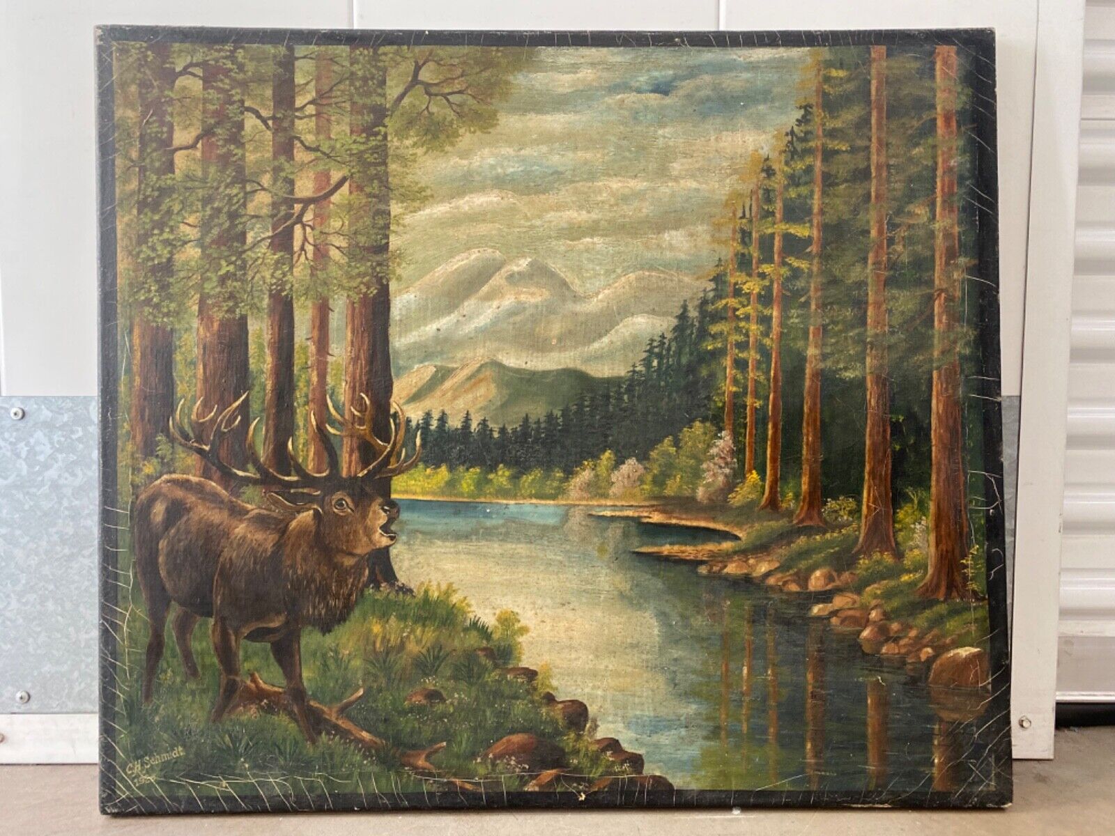 ðŸ”¥ Antique Old Primitive American Folk Art Forest Elk Landscape Oil Painting '26