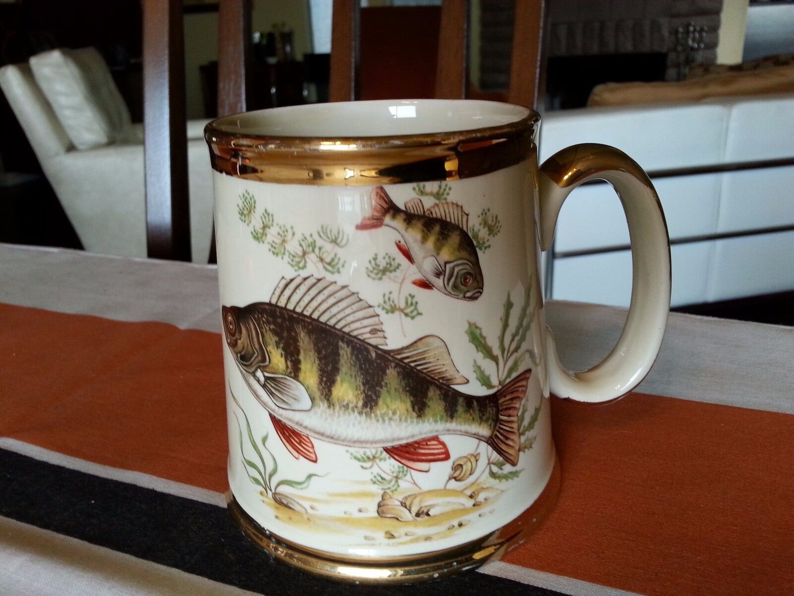 Vintage Gibson's England STRIPED BASS TROUT FISHERMAN COFFEE MUG FATHER'S DAY