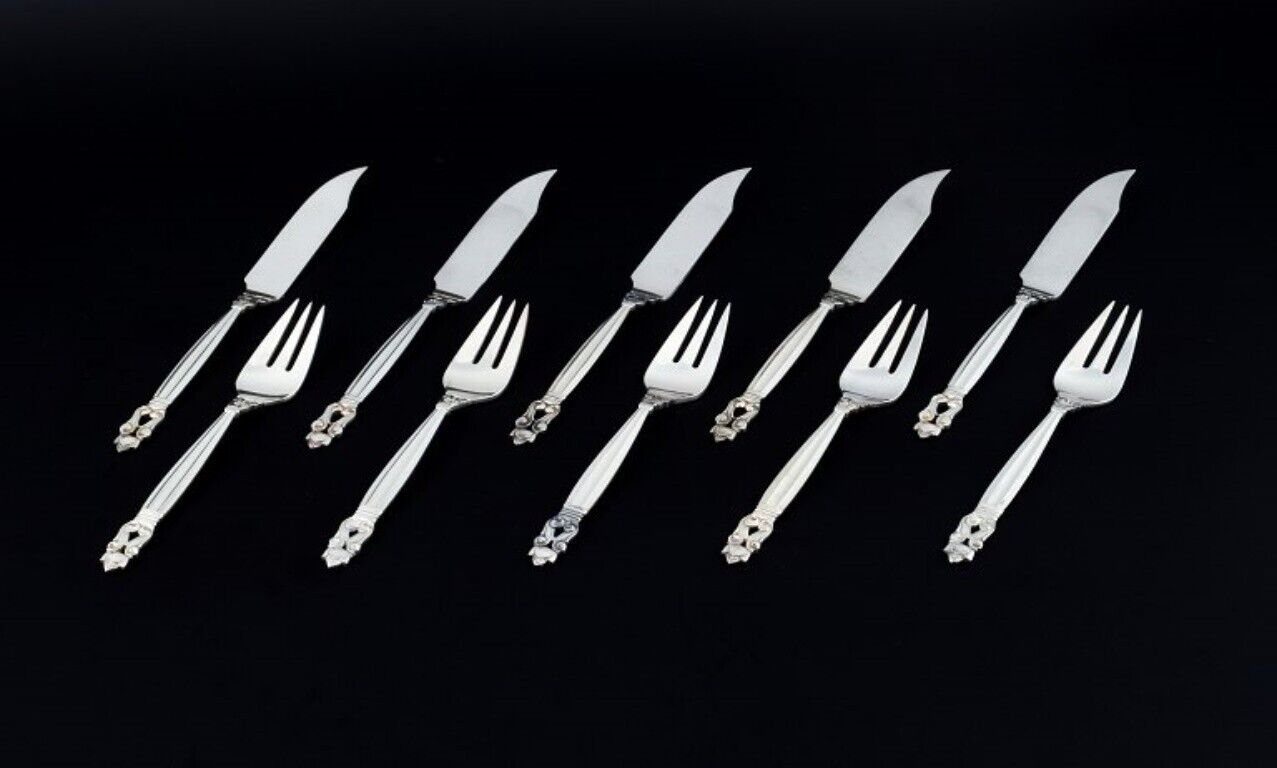 Georg Jensen, Acorn, fish cutlery for five people in sterling silver.