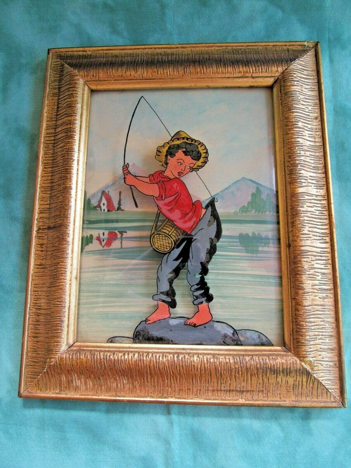 Vintage Fishing Boy - Reverse Painting on Glass