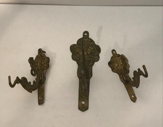 Vintage Antique Brass Metal Wall Hook Set Dolphin Fish
