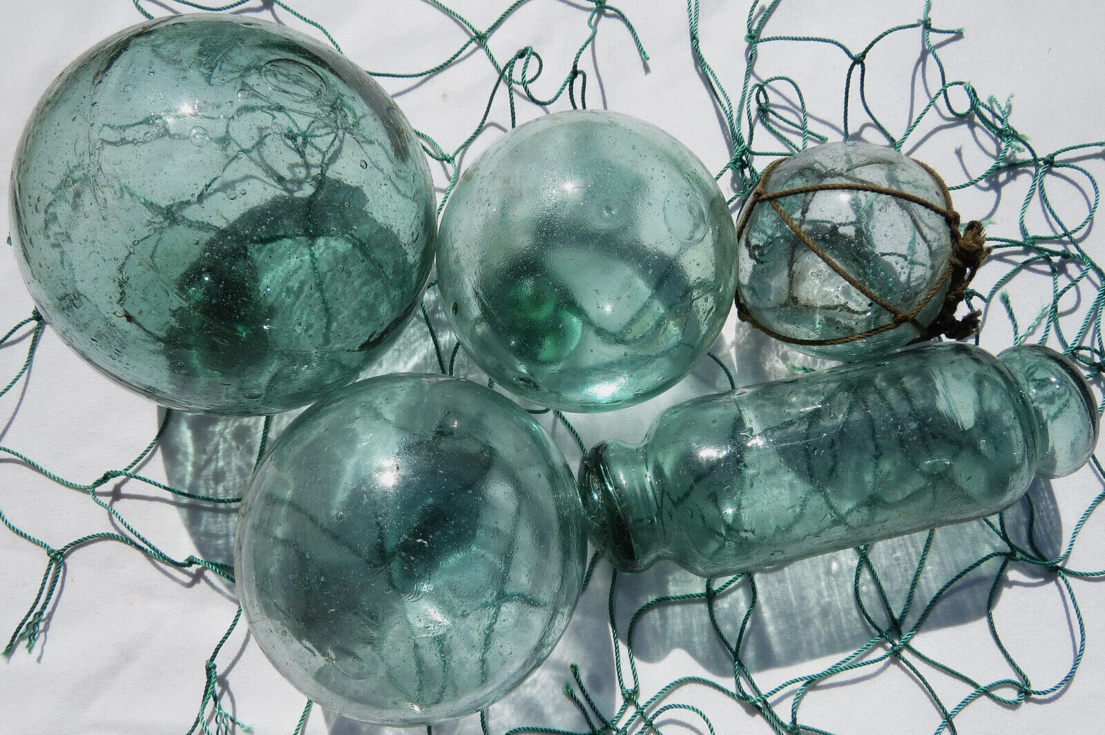 Japanese Blown Glass Floats (5) Mixed Sizes WATER INSIDE Sea Greens Antique +Net