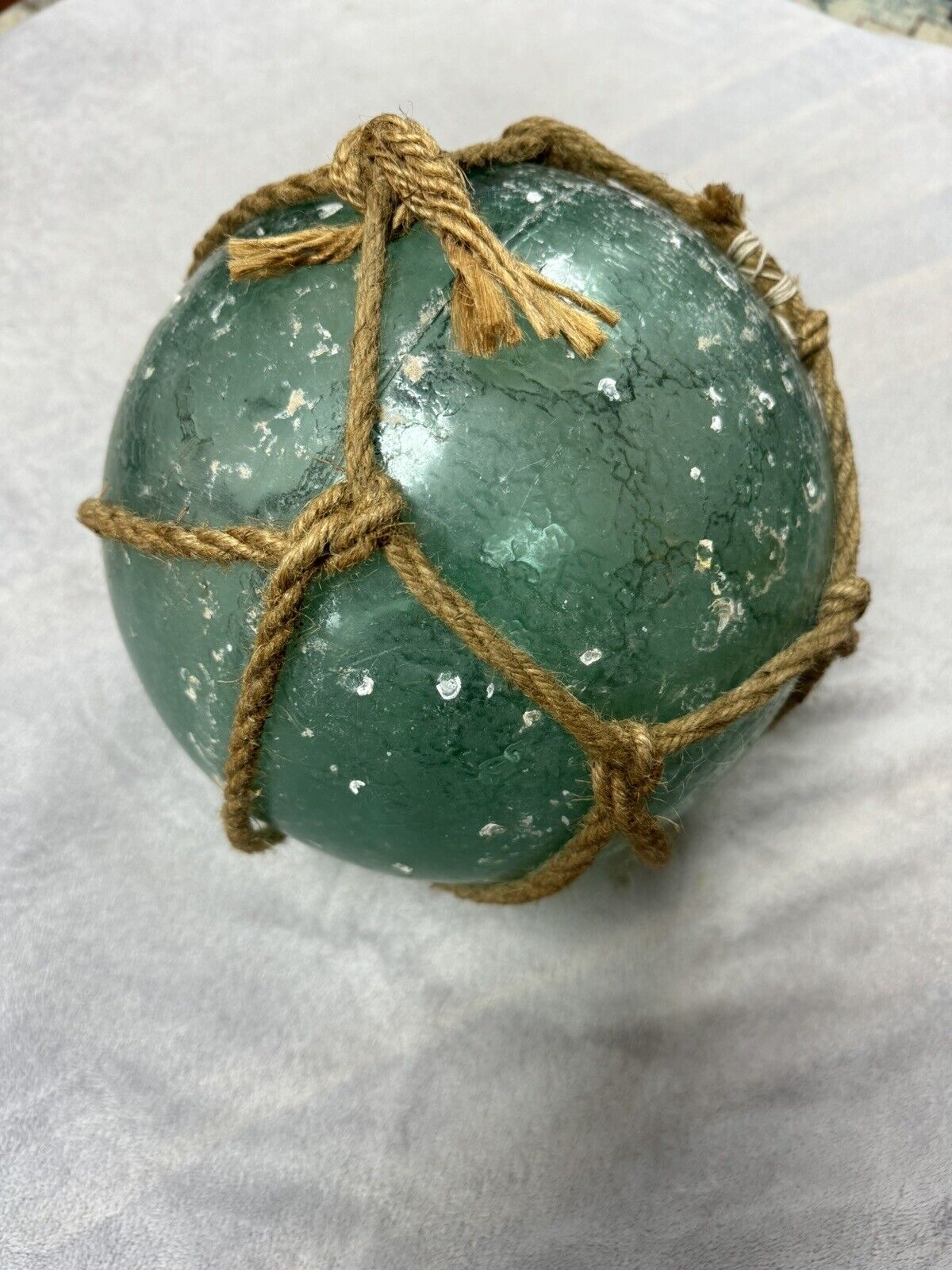 Vintage Japanese Glass Fishing Float Buoy Ball Roped Net Turquoise Blue 