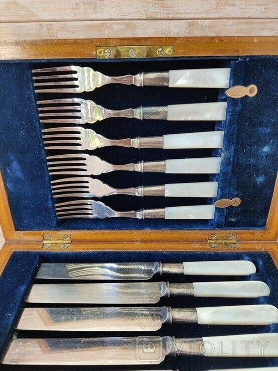 Antique Knife Fish Set Silver Steel Box Abbey Forks Serving Mother Pearl 20th